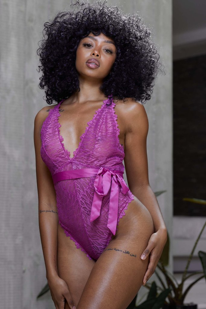 hot pink lace lingerie bodysuit with tie
