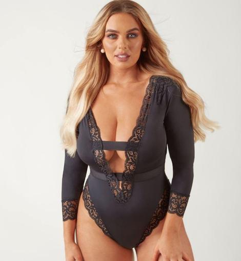 Black long sleeve lingerie body suit, lace detail